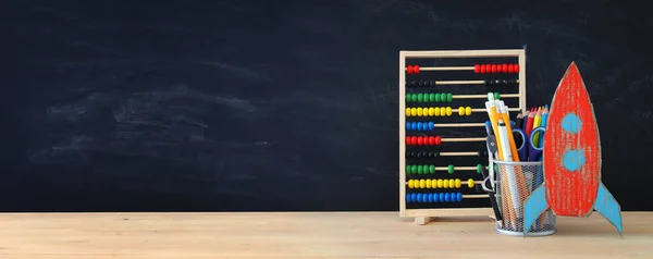 Back School Concept Rocket Pencils Front Classroom Blackboard — Stock Photo, Image