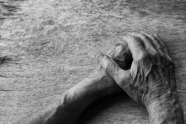 Close Elderly Male Hands Wooden Table Black White Image — Stock Photo, Image