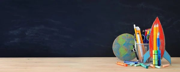 Back School Concept Rocket Earth Globe Pencils Front Classroom Blackboard — Stock Photo, Image