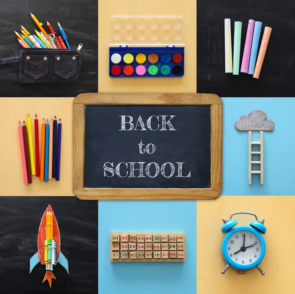 Concept Collage Retour École Objets Scolaires Fourniture Avec Tableau Noir — Photo