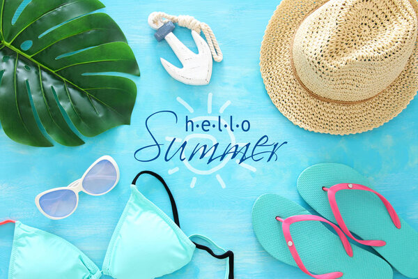 Tropical vacation and summer travel image with sea life style objects. Top view.