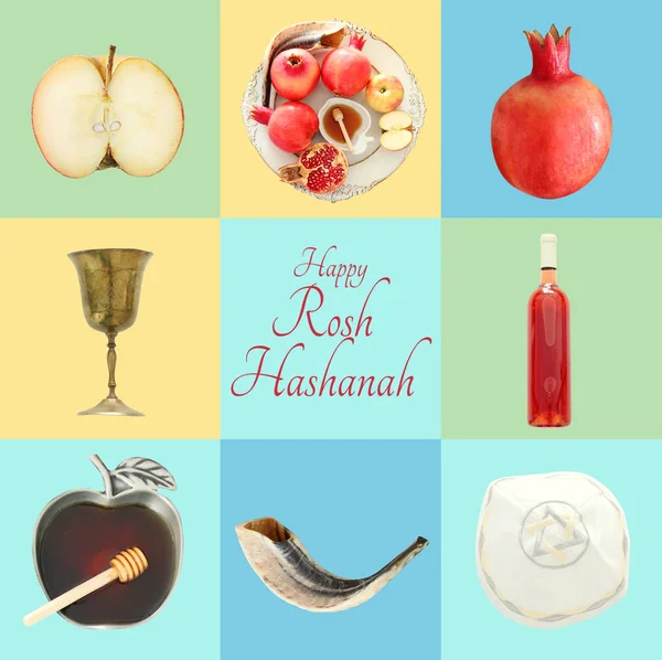 Rosh Hashanah Jüdischer Neujahrsfeiertag Collage Konzept Traditionelle Symbole — Stockfoto