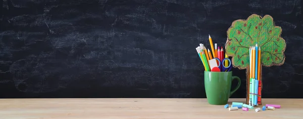 Back School Banner Tree Knowledge Pencils Front Classroom Blackboard — Stock Photo, Image