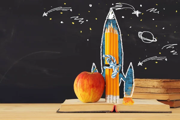 Back School Concept Rocket Sketch Pencils Open Book Front Classroom — Stock Photo, Image