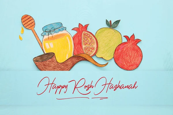 Rosh Hashanah Jewish New Year Holiday Concept Traditional Symbols Shapes — Stock Photo, Image