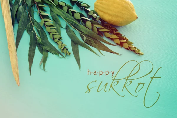 Festival Judío Sukkot Símbolos Tradicionales Las Cuatro Especies Etrog Lulav — Foto de Stock