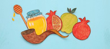 Rosh hashanah (Yahudi yeni yıl tatili) kavramı. Geleneksel semboller şekilleri kağıttan kesilmiş ve boyalı.
