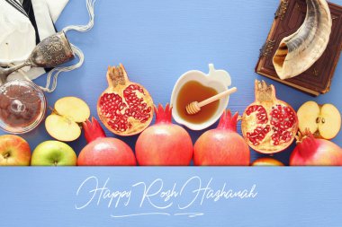 Rosh hashanah (Yahudi Yeni Yıl Tatili) konsepti. Geleneksel semboller