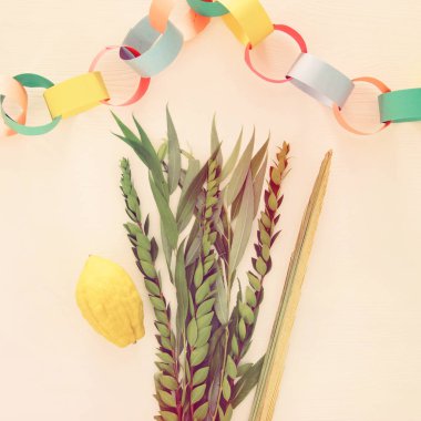 Sukkot Yahudi bayramı. Geleneksel Semboller (dört tür): Etrog, lulav, hadas, arava