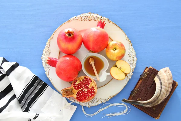 Rosh Hashanah Judisk Nyårshelg Koncept Traditionella Symboler — Stockfoto