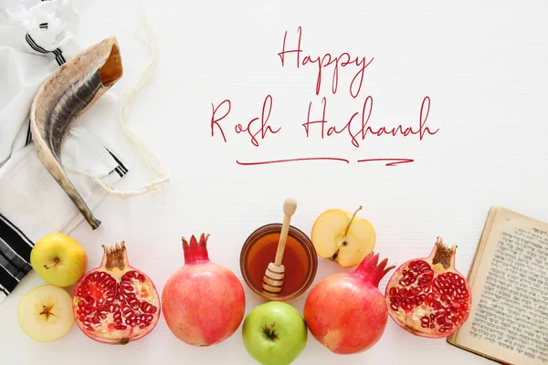 Rosh Hashanah Yahudi Yeni Yıl Tatili Konsepti Geleneksel Semboller — Stok fotoğraf