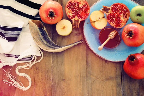 Rosh Hashanah Yahudi Yeni Yıl Tatili Konsepti Geleneksel Semboller — Stok fotoğraf