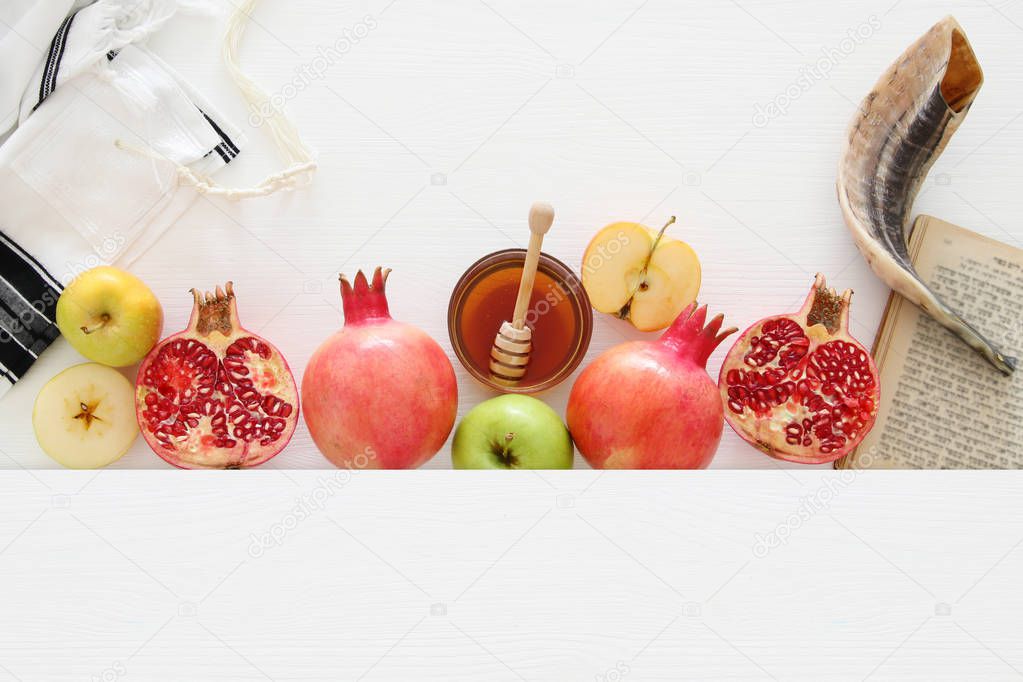 Rosh hashanah (jewish New Year holiday) concept. Traditional symbols