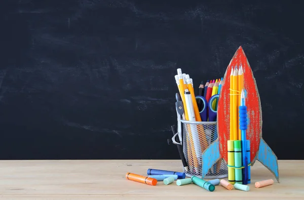 Back School Concept Cardboard Rocket Pencils Open Book Front Classroom — Stock Photo, Image