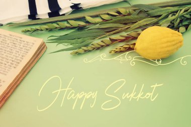 Sukkot Yahudi bayramı. Geleneksel Semboller (dört tür): Etrog, lulav, hadas, arava