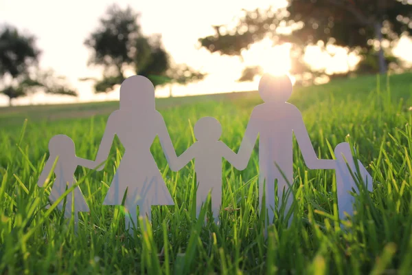 幸福家庭观念的形象 在日落时剪纸人牵手一起在绿草中 — 图库照片