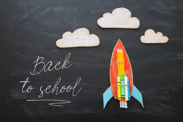 Back School Concept Top View Image Handmade Cardboard Rocket Clouds — Stock Photo, Image