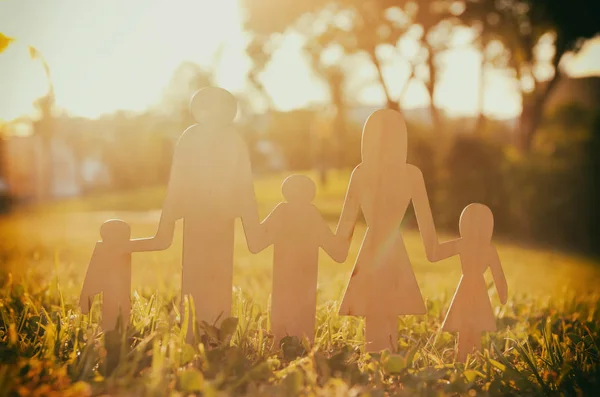 Image Happy Family Concept Wooden Cut People Holding Hands Together — Stock Photo, Image