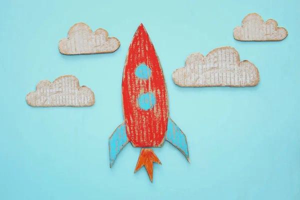 Rocket Cut Cardboard Paint Wood Blue Background — Stok Foto