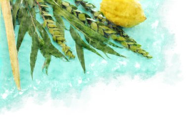 suluboya stil ve soyut resim Sukkot Yahudi festival. Geleneksel Semboller (dört tür): Etrog, lulav, hadas, arava