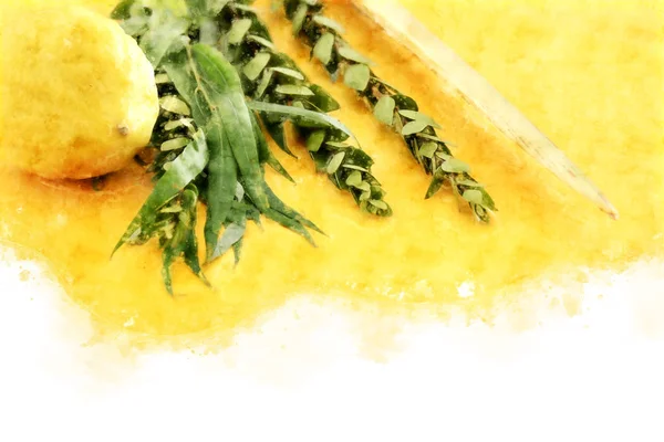 suluboya stil ve soyut resim Sukkot Yahudi festival. Geleneksel Semboller (dört tür): Etrog, lulav, hadas, arava