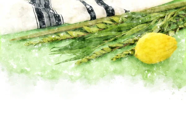 suluboya stil ve soyut resim Sukkot Yahudi festival. Geleneksel Semboller (dört tür): Etrog, lulav, hadas, arava