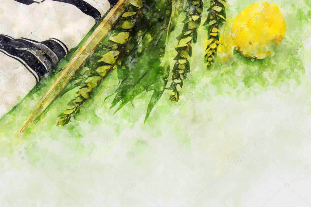watercolor style and abstract image of Jewish festival of Sukkot. Traditional symbols (The four species): Etrog, lulav, hadas, arava