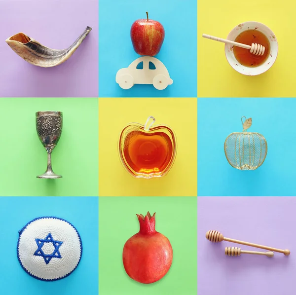 Concepto Collage Rosh Hashanah Fiesta Judía Año Nuevo Símbolos Tradicionales — Foto de Stock