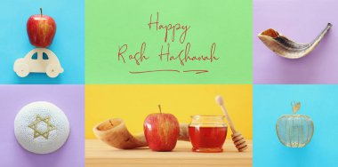 Rosh hashanah (Yahudi yeni yıl tatili) kavramı kolaj. Geleneksel Semboller
