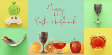 Rosh hashanah (Yahudi yeni yıl tatili) kavramı kolaj. Geleneksel Semboller