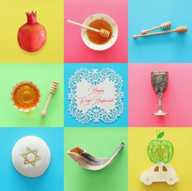 Rosh hashanah (Yahudi yeni yıl tatili) kavramı kolaj. Geleneksel Semboller