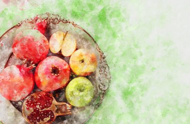 Rosh hashanah (Yahudi Yeni Yıl Tatili) kavramının suluboya tarzı ve soyut görüntüsü. Geleneksel semboller