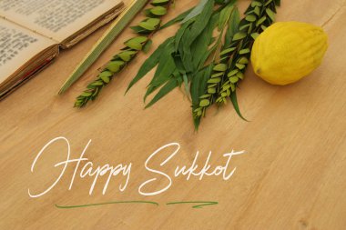 Sukkot Yahudi bayramı. Geleneksel Semboller (dört tür): Etrog, lulav, hadas, arava