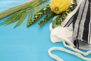 Sukkot Yahudi bayramı. Geleneksel Semboller (dört tür): Etrog, lulav, hadas, arava
