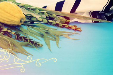 Sukkot Yahudi bayramı. Geleneksel Semboller (dört tür): Etrog, lulav, hadas, arava