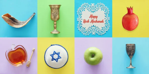 Rosj Hasjana Joods Nieuwjaar Vakantie Collage Concept Traditionele Symbolen — Stockfoto
