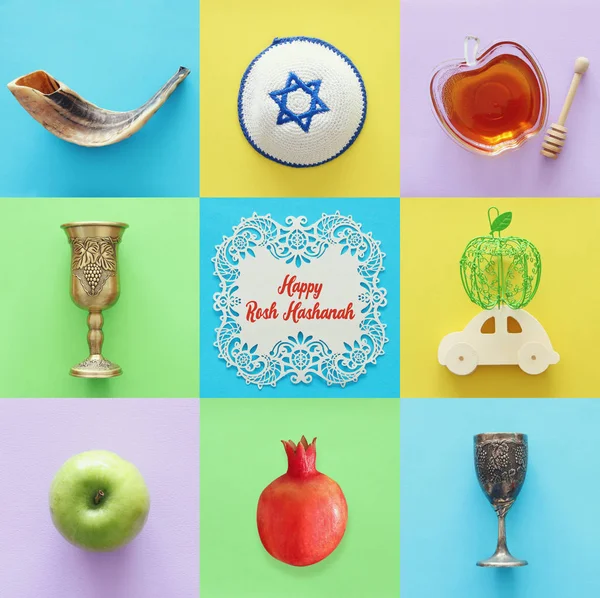 Concepto Collage Rosh Hashanah Fiesta Judía Año Nuevo Símbolos Tradicionales —  Fotos de Stock