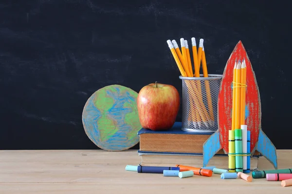 Back School Concept Cardboard Rocket Pencils Open Book Front Classroom — Stock Photo, Image