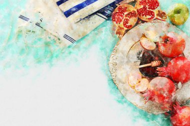 Rosh hashanah (Yahudi Yeni Yıl Tatili) kavramının suluboya tarzı ve soyut görüntüsü. Geleneksel semboller