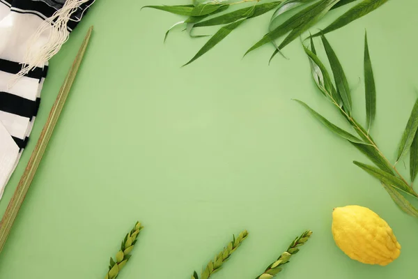 Sukkot Yahudi Bayramı Geleneksel Semboller Dört Tür Etrog Lulav Hadas — Stok fotoğraf