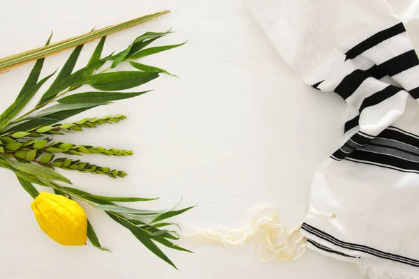 Sukkot Yahudi Bayramı Geleneksel Semboller Dört Tür Etrog Lulav Hadas — Stok fotoğraf