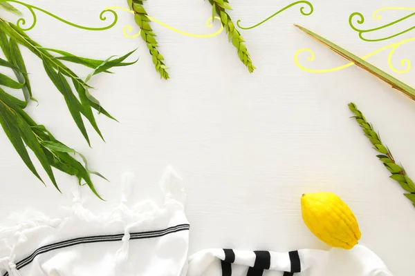 Židovský Festival Sukot Tradiční Symboly Čtyři Druhy Etrog Lulav Hadas — Stock fotografie