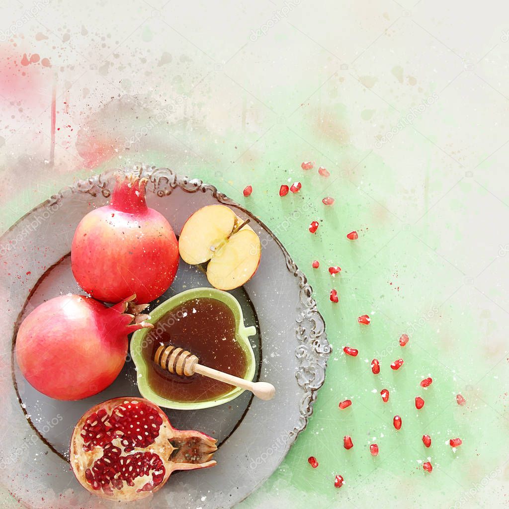 watercolor style and abstract image of Rosh hashanah (jewish New Year holiday) concept. Traditional symbols