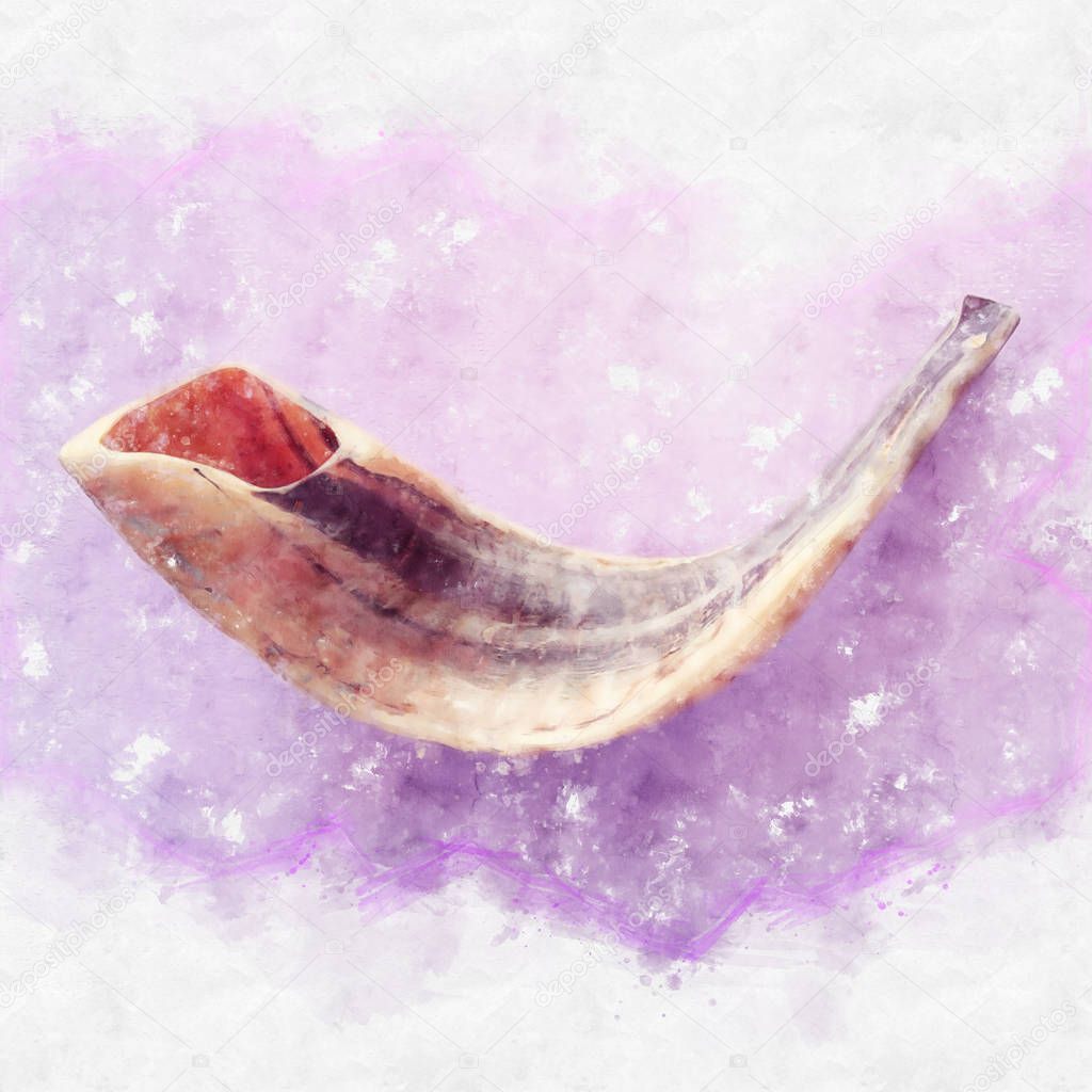 watercolor style and abstract image of Rosh ashanah (jewish New Year holiday) concept. SHOFAR (HORN) Traditional symbol