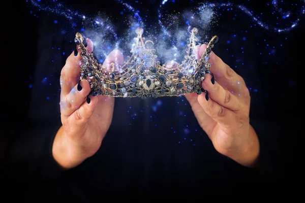 Image Lady Black Holding Queen Crown Decorated Precious Stones Magical — Stock Photo, Image