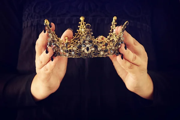 Image Lady Black Holding Queen Crown Decorated Precious Stones Fantasy — Stock Photo, Image