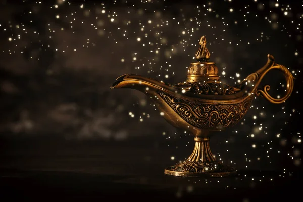 Image Magical Mysterious Aladdin Lamp Glowing Glitter Lights Black Background — Stock Photo, Image