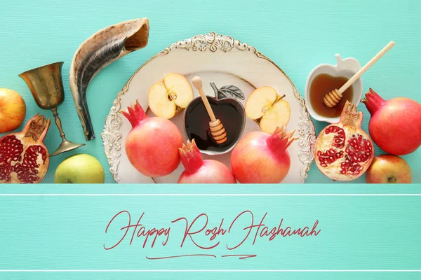 Rosh Hashanah Feriado Ano Novo Judaico Conceito Símbolos Tradicionais — Fotografia de Stock