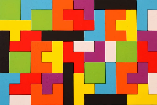 Colorido Quadrado Tangram Quebra Cabeça Sobre Mesa Madeira — Fotografia de Stock