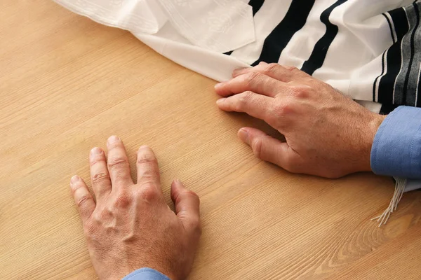 Jewish Man Hands Next Tallit Jewish Traditional Symbol Rosh Hashanah — Stock Photo, Image